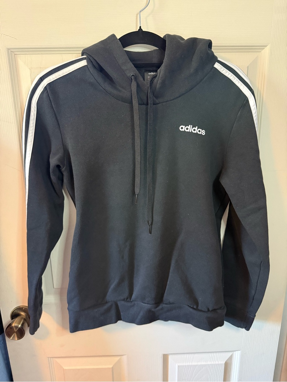 Adidas Black Hoodie Sweatshirt w/ Classic White Stripes Woman’s Size Small